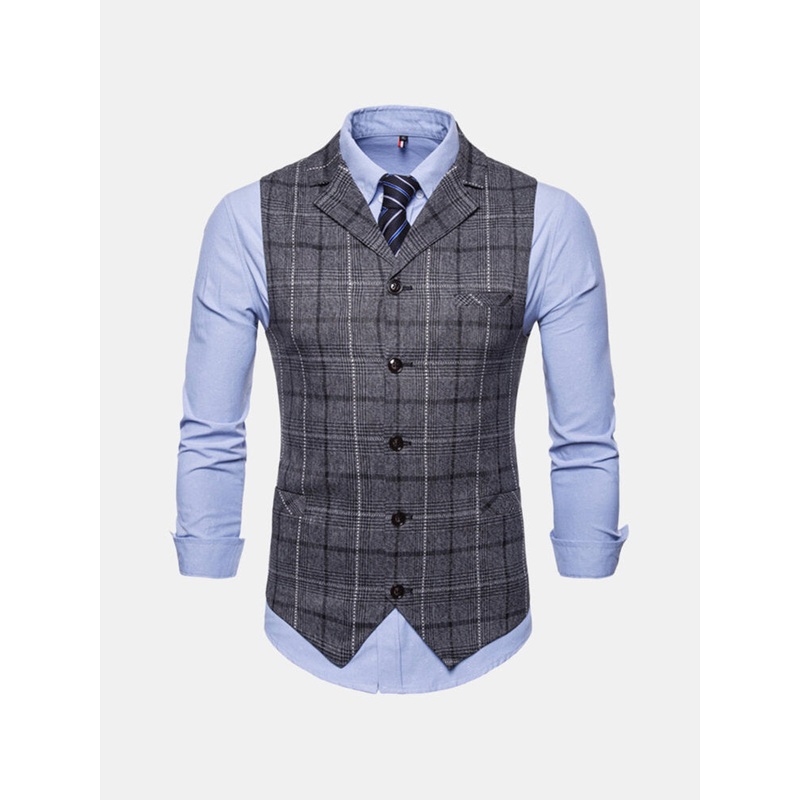 Casual Business Slim Fit Plaid Suit Collar Vest Pure Color Waistcoats For Men