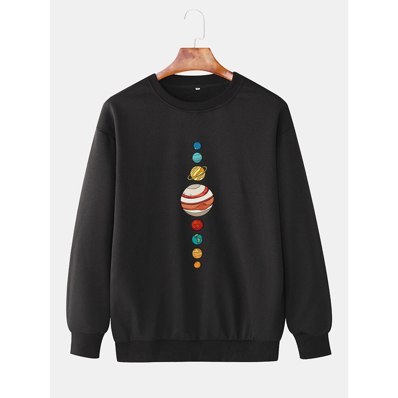Cotton Men Simple Cartoon Planet Print Round Neck Long Sleeve Casual Sweatshirts