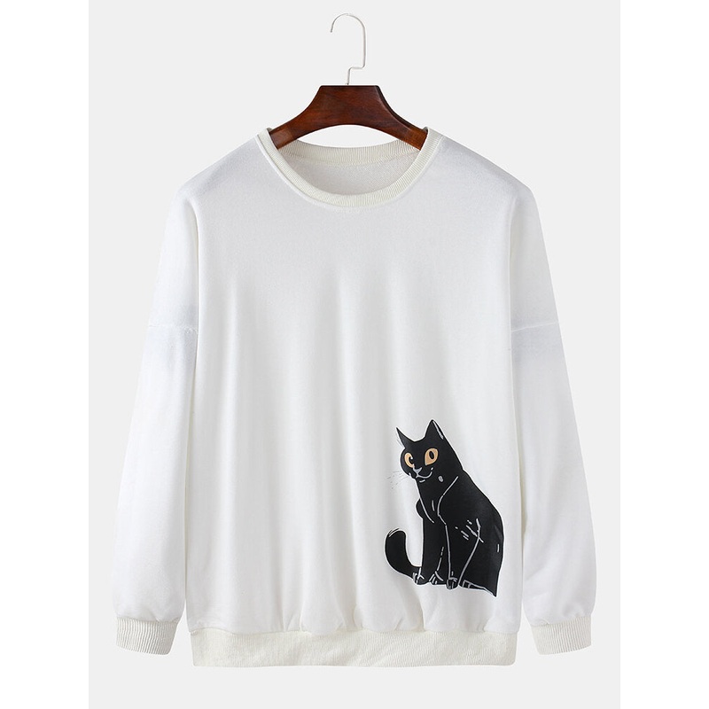 Cotton Mens Cartoon Cat Print Round Neck Pullover Simple Long Sleeve Sweatshirts