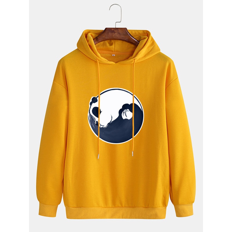 Cotton Mens Cartoon Panda Printed Dropped Shoulder Long Sleeve Casual Hoodies