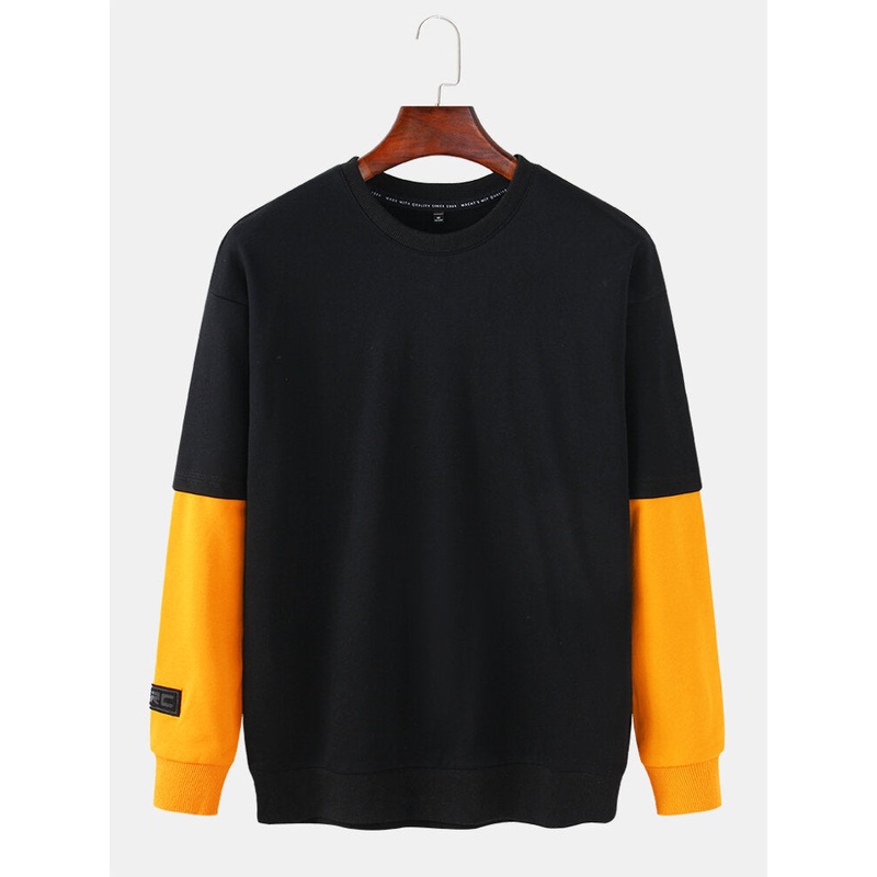 Cotton Mens Patchwork Loose Casual Round Neck Dropped Shoulder Long Sleeve Sweatshirt