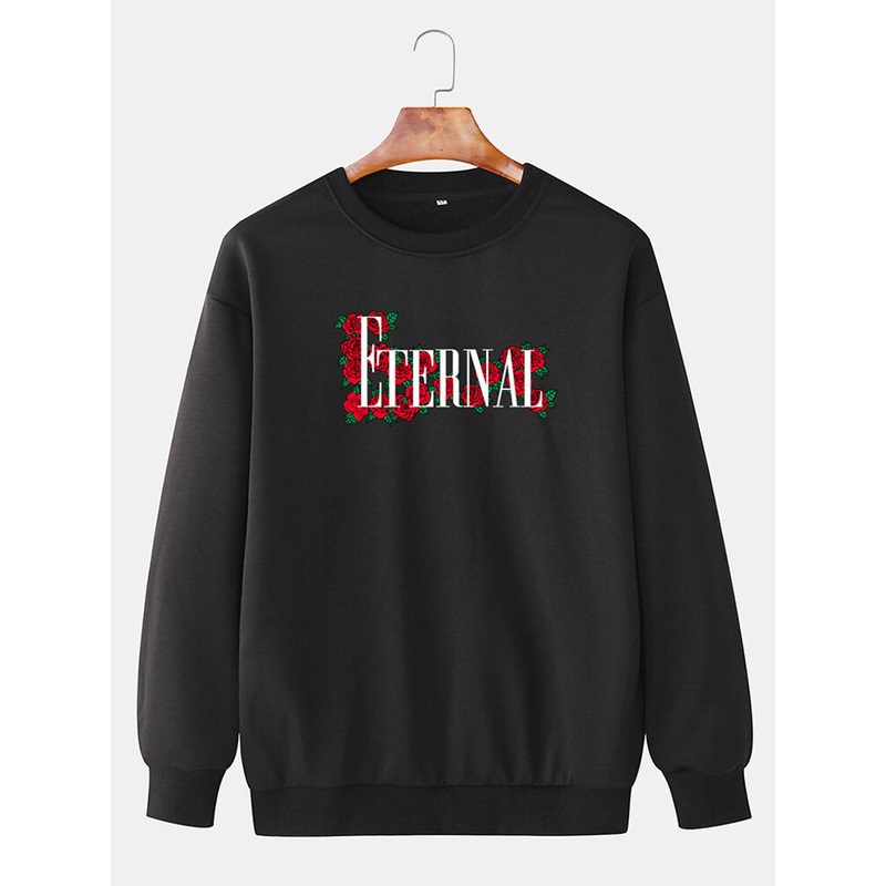Cotton Mens Rose Letter Print Round Neck Pullover Casual Drop Shoulder Sweatshirts