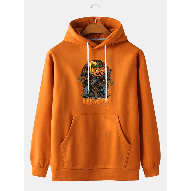 Halloween Mens Cartoon Pumpkin Scarecrow Print Kangaroo Pocket Long Sleeve Hoodies