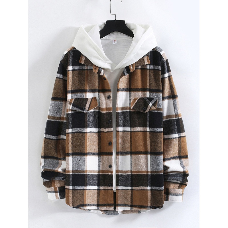 Men Check Plaid Decor Pocket Button Up Casual Long Sleeve Shirts