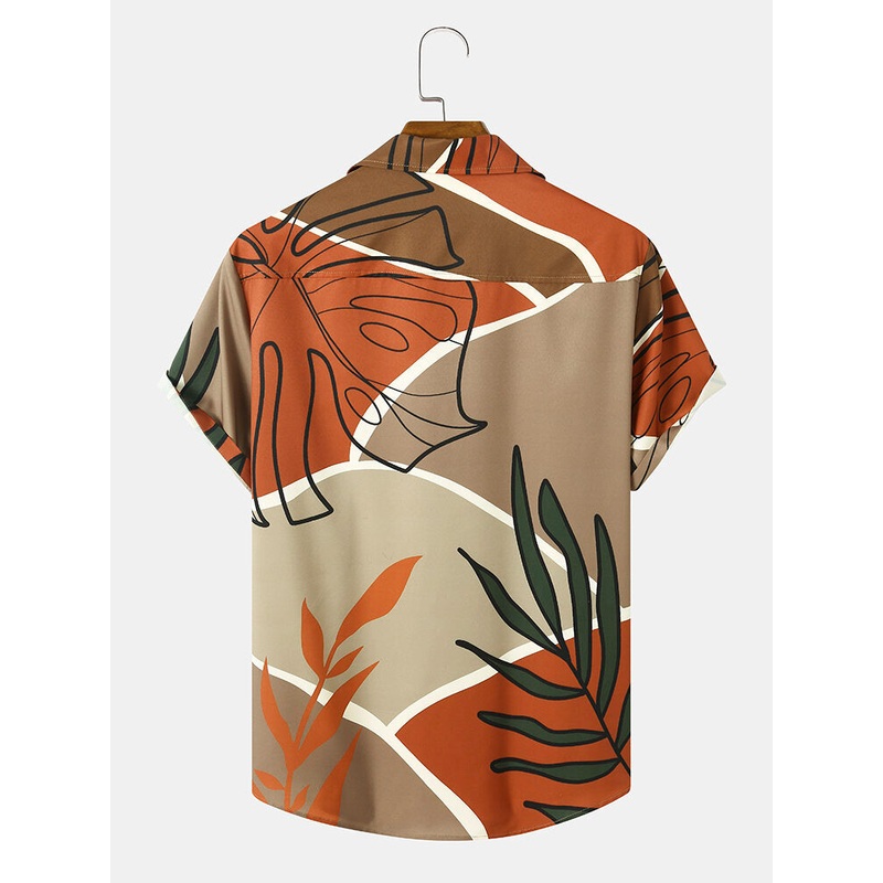 Men Color Block Graphic Tropical Plant Print Casual Short Sleeve Shirts