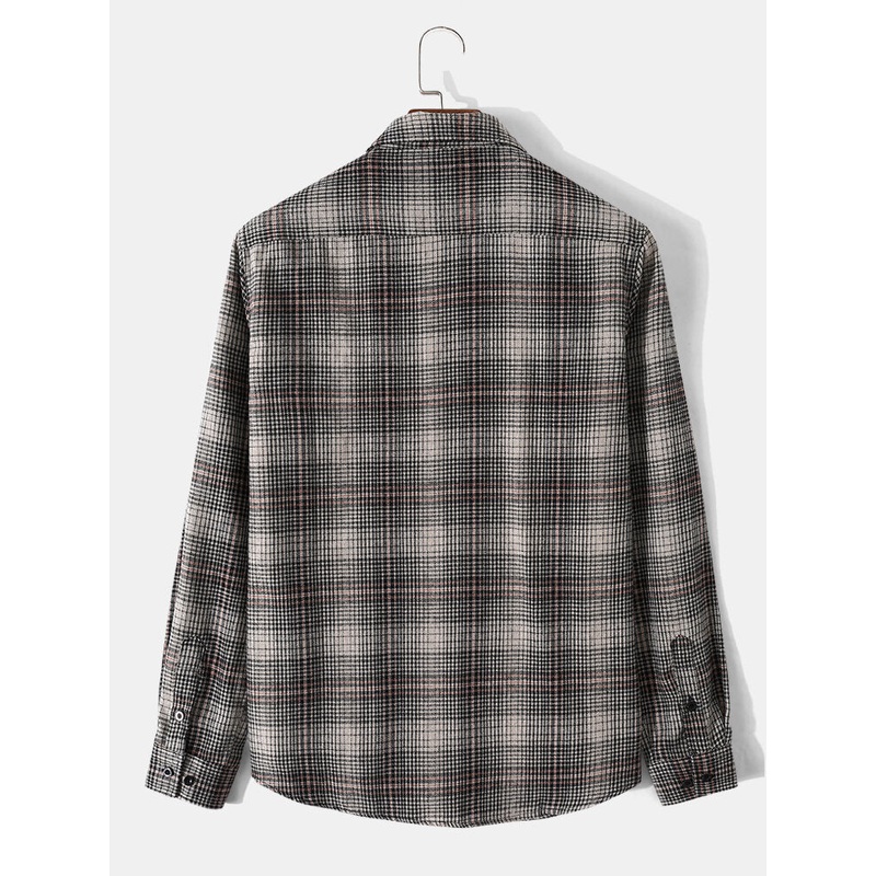 Men Cotton Plaid Lapel Chest Pocket Long Sleeve Casual Shirts