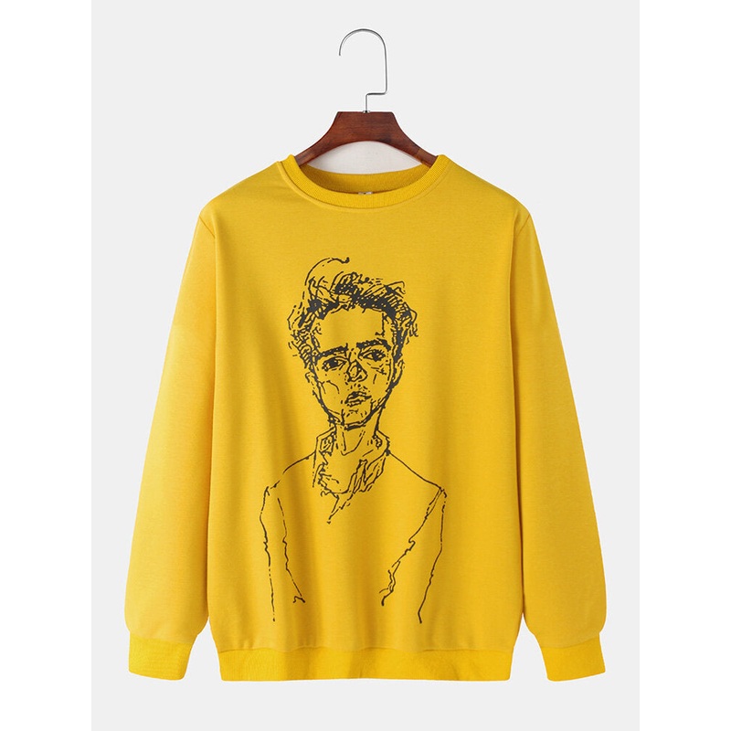 Men Figure Art Print Bodycon Hem Long Sleeve Pullover Sweatshirt