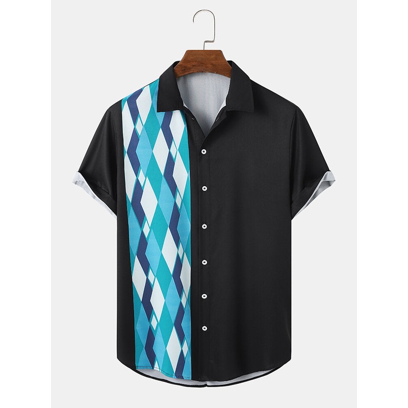 Men Geometric Patchwork Lapel Curved Hem Short Sleeve Casual Shirts