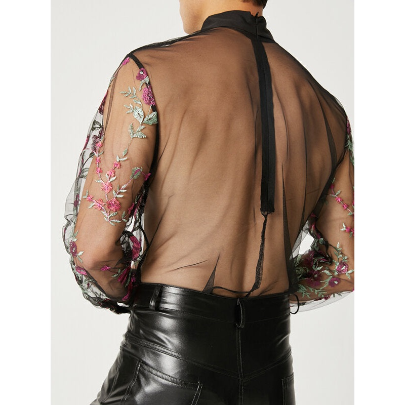 Men Mesh See Through Embroidered Floral Bow Tie Neck T-Shirt