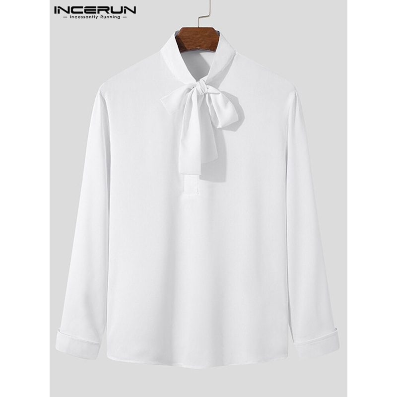 Men Metal Button Ribbon Stand Collar Long Sleeve Shirts