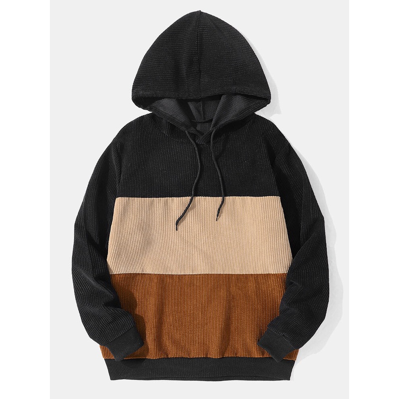 Men Patchwork Contrast Color Block Drawstring Hooded Sweatshirt
