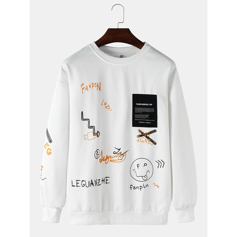 Men’s Letter Printed Label O-Neck Casual Loose Sweatshirt