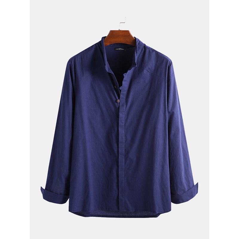 Men’s Loose Fit Shirt Linen Solid Button Down Causal Dress Tops Retro Male Blouse