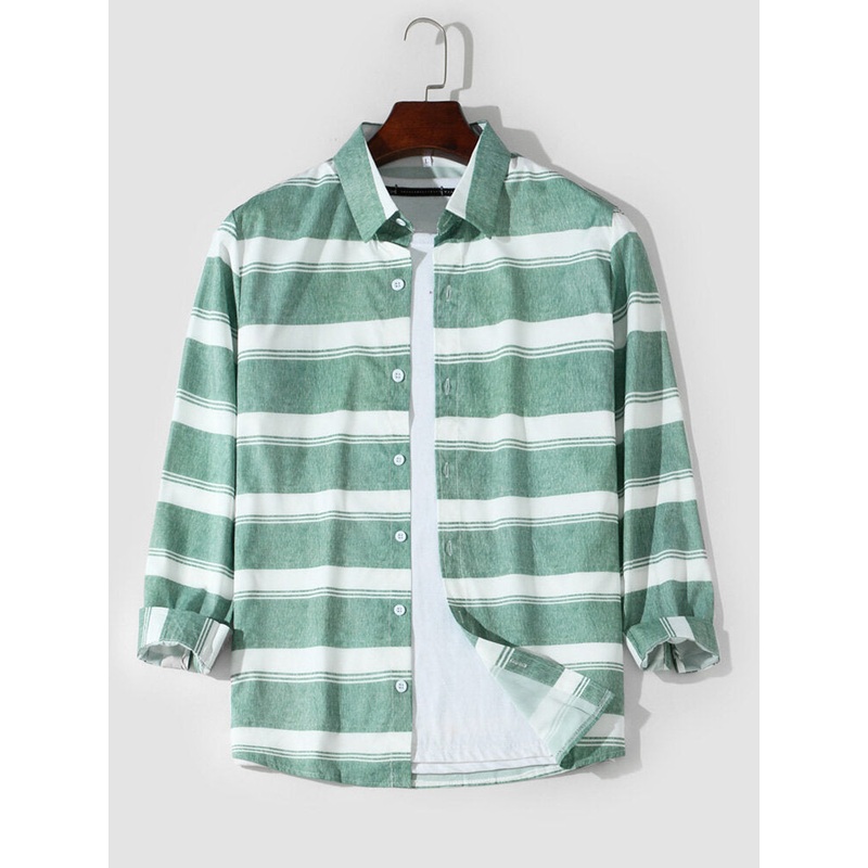 Men Striped Print Lapel Front Buttons Curved Hem Casual Shirts