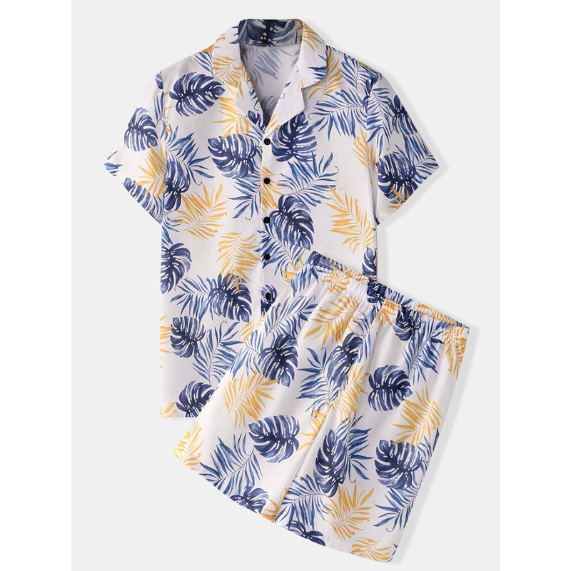 Men Tropical Plant Leaves Print Turn Down Collar Pajama Set Faux Silk Home Sleepwear
