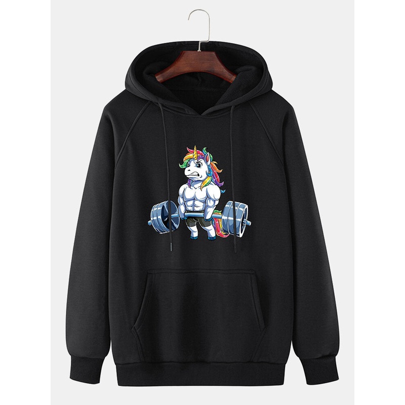 Mens 100% Cotton Cartoon Rainbow Horse Print Kangaroo Pocket Long Sleeve Hoddies