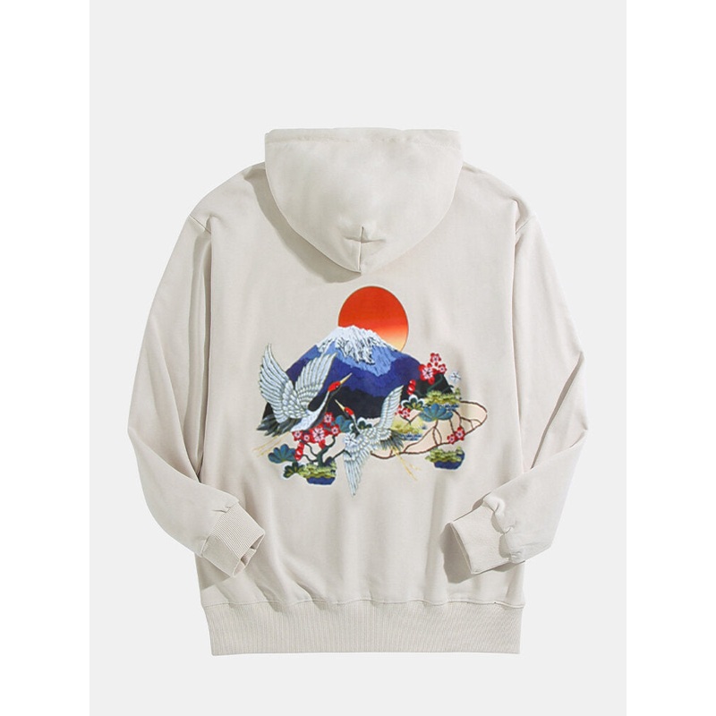 Mens 100% Cotton Crane Landscape Back Print Pouch Pocket Drawstring Hoodies