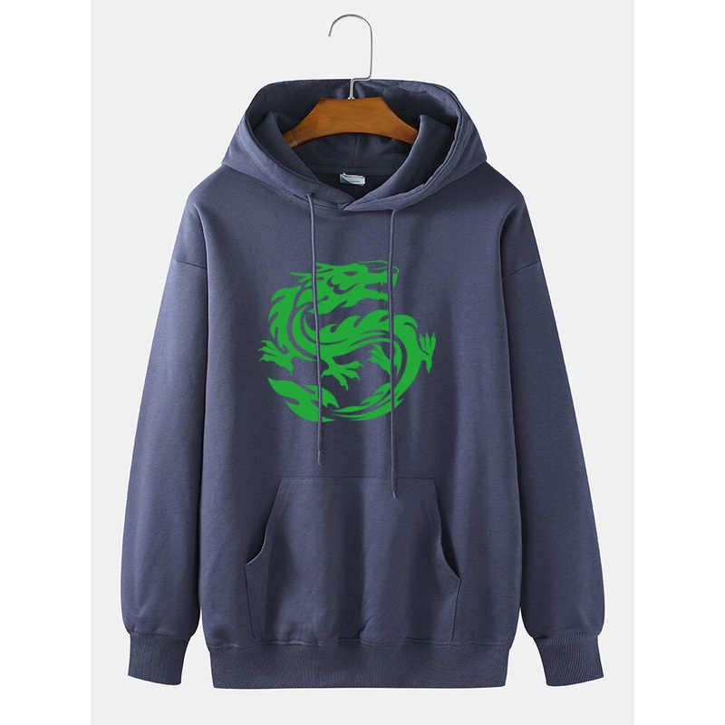 Mens 100% Cotton Dragon Print Drop Sleeve Pouch Pocket Drawstring Hoodies