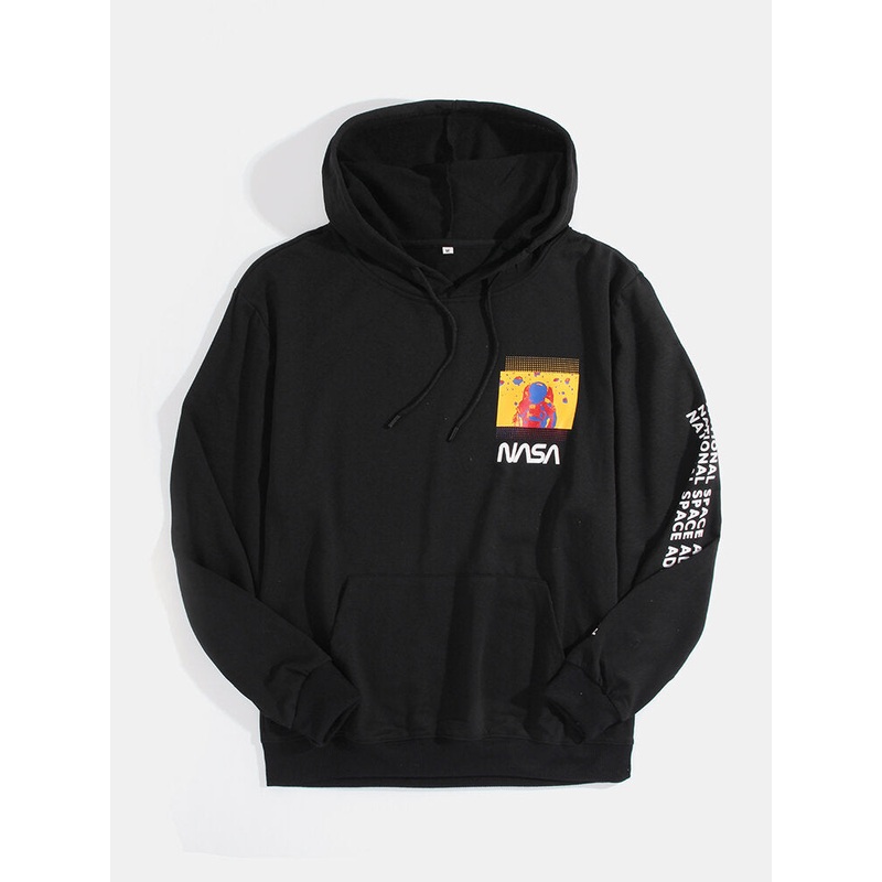 Mens Astronaut Print Black Kangaroo Pocket Long Sleeve Hoodies
