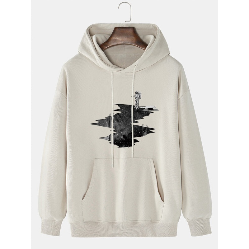 Mens Astronaut Print Cotton Casual Drawstring Hoodies With Pouch Pocket