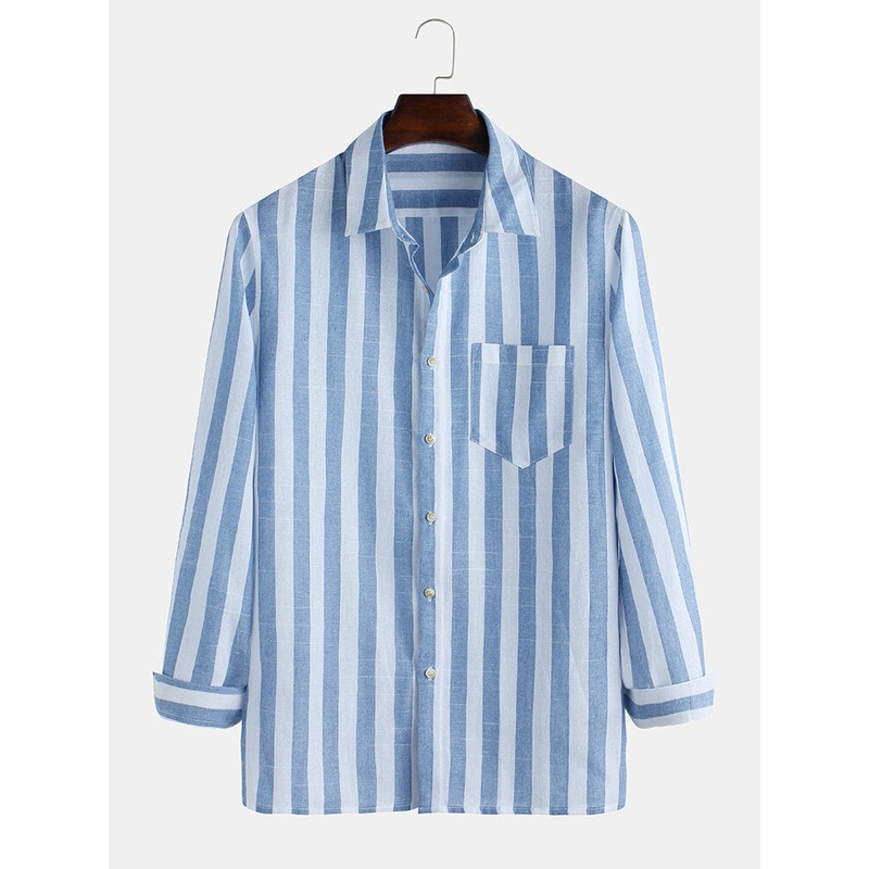 Mens Autumn Long Sleeve Stripe Pocket Casual Shirts