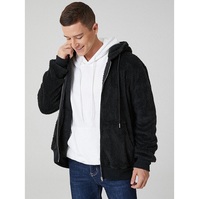 Mens Black Plush Warm Long Sleeve Pocket Teddy Hooded Jacket