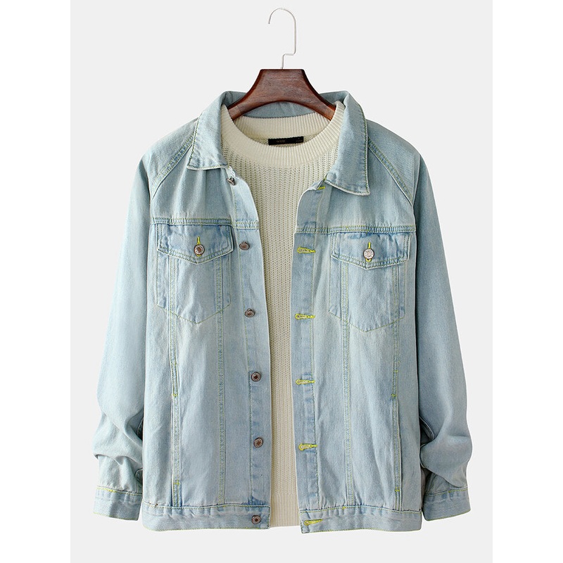 Mens Blue Lapel Pocket Long Sleeve Vintage Denim Jacket