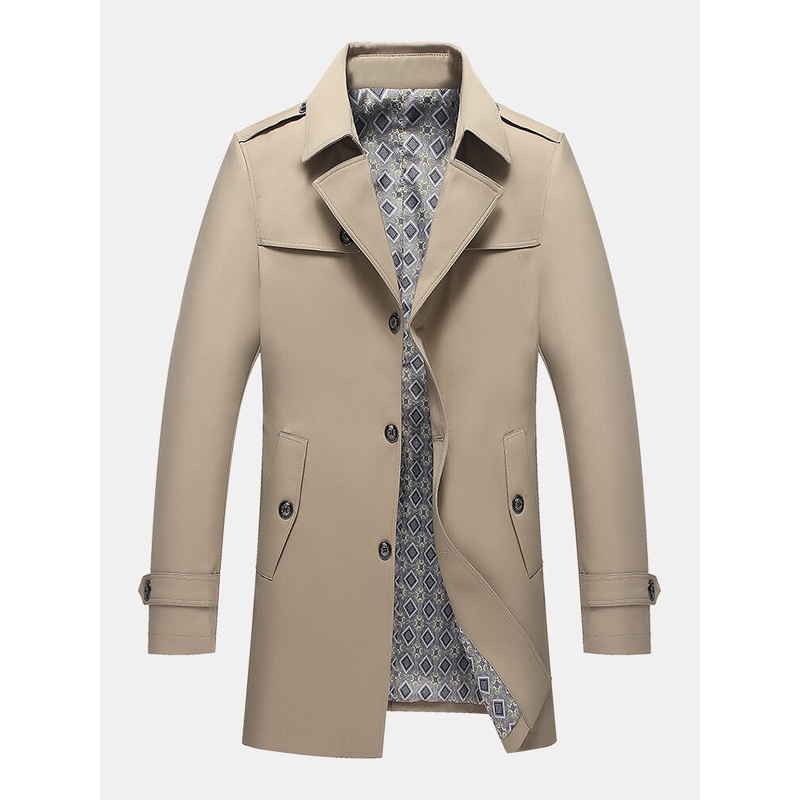 Mens British Style Solid Jacket Button Mid Length Regular Fit Business Coat