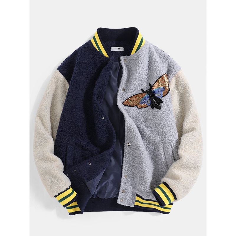 Mens Butterfly Sequins Applique Patchwork Pocket Baseball Collar Teddy Jacket