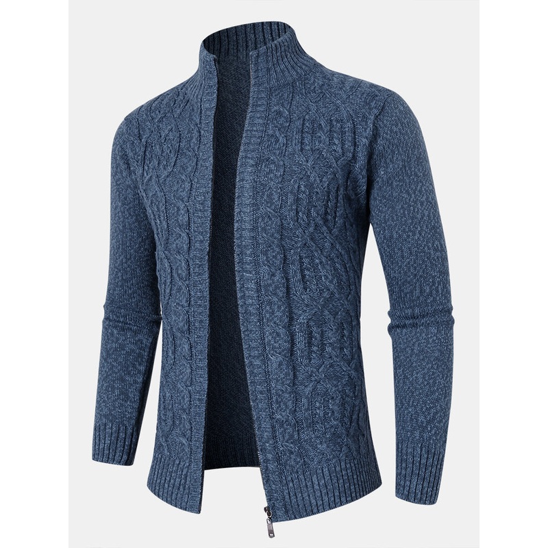 Mens Cable Knitted Zipper Long Sleeve Sweater Cardigans
