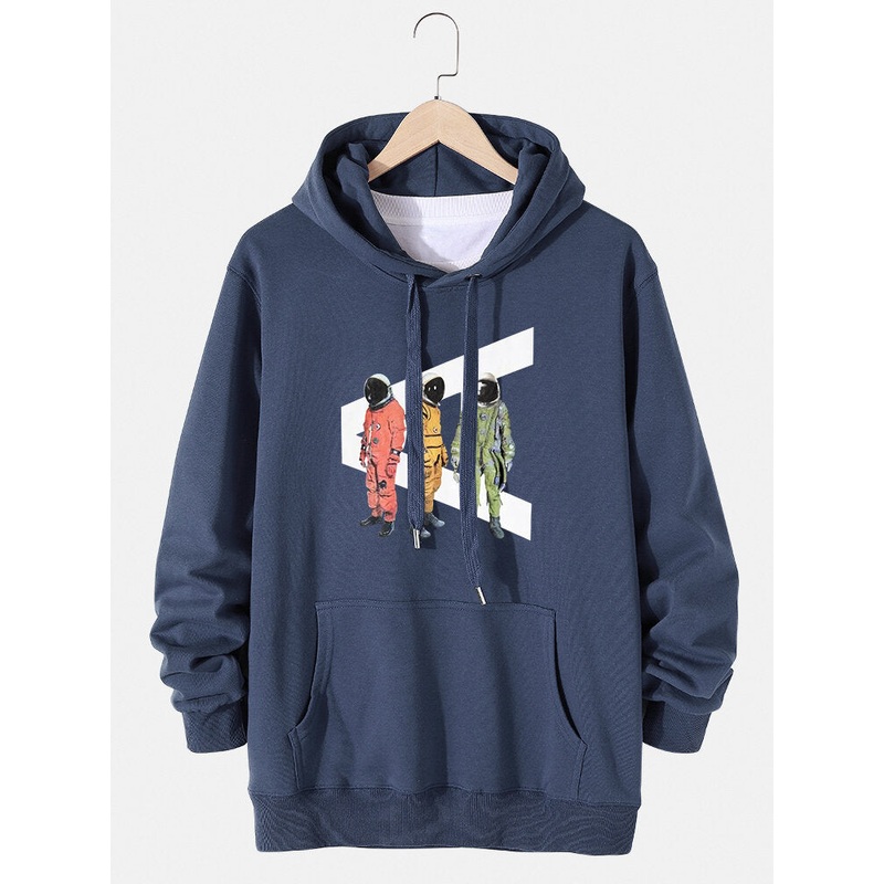 Mens Cartoon Astronaut Print Casual Pullover Hoodie With Kangaroo Pocket