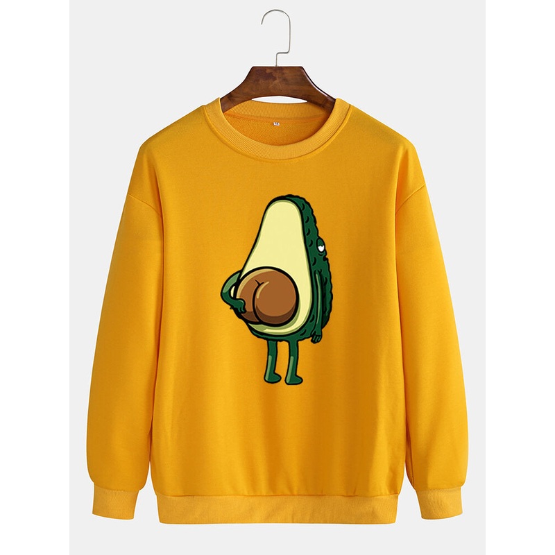 Mens Cartoon Avocado Print Pullover Long Sleeve Drop Shoulder Cute Sweatshirts