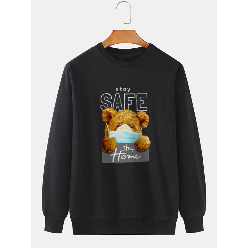 Mens Cartoon Bear Letter Printed 100% Cotton Casual Pullover Sweatshirts
