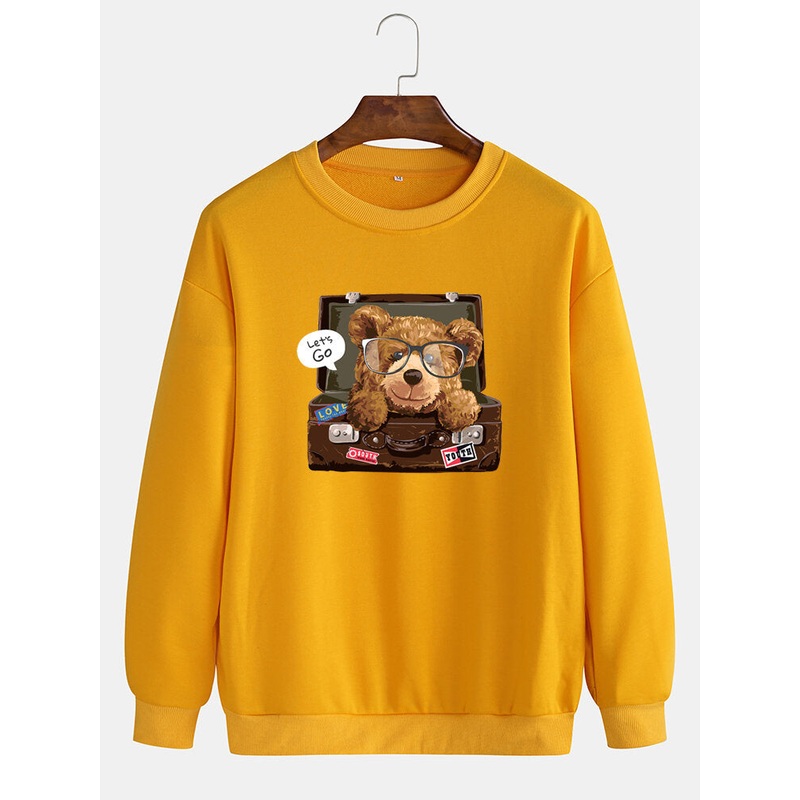 Mens Cartoon Bear Print Pullover Round Neck Sweatshirts