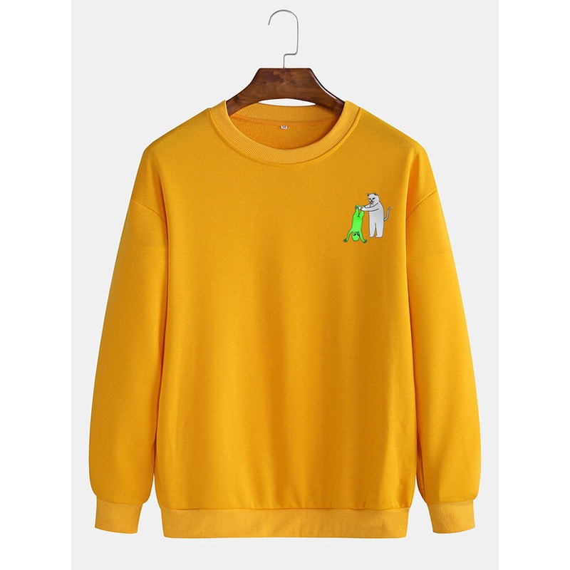 Mens Cartoon Cat & Alien Print Crew Neck Cotton Drop Shoulder Sweatshirts