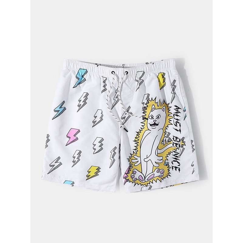 Mens Cartoon Cat Alien Print Mesh Lined Breathable Thin Beach Holiday Board Shorts