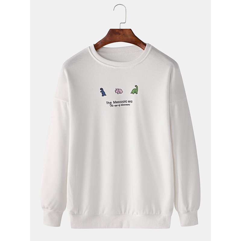Mens Cartoon Dinosaur & Letter Print Pulllover Long Sleeve Sweatshirts