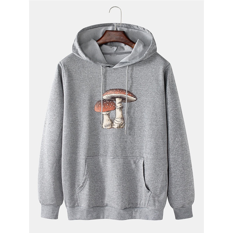 Mens Cartoon Mushroom Print Community Spirit Drawstring Pullover Hoodies