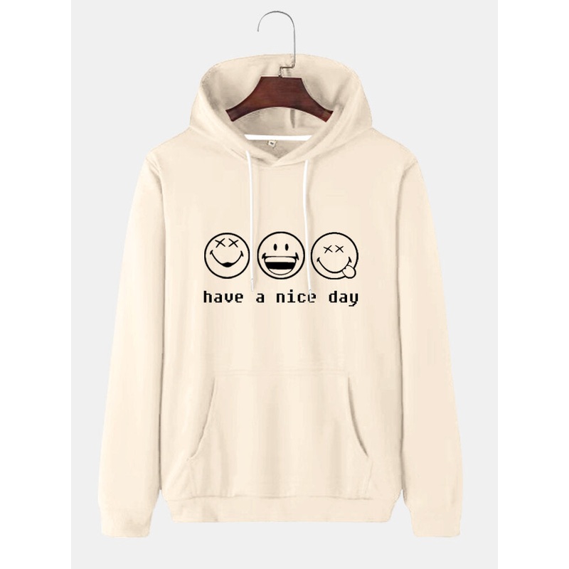 Mens Cartoon Smile Face Slogan Print Cotton Drawstring Overhead Hoodies