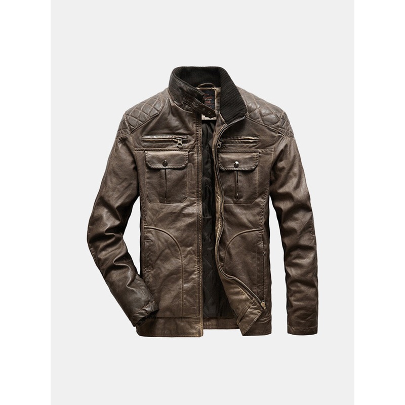 Mens Casual Stand Collar PU Coats Leather Biker Motorcycle Jacket