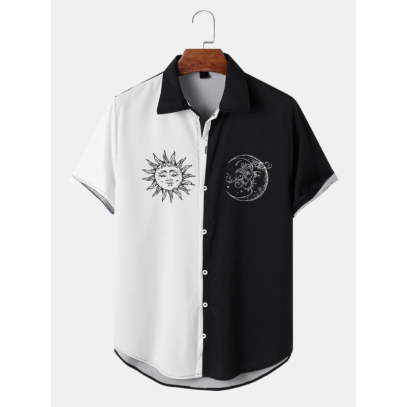 Mens Casual Sun Print Color Block Short Sleeve Shirts