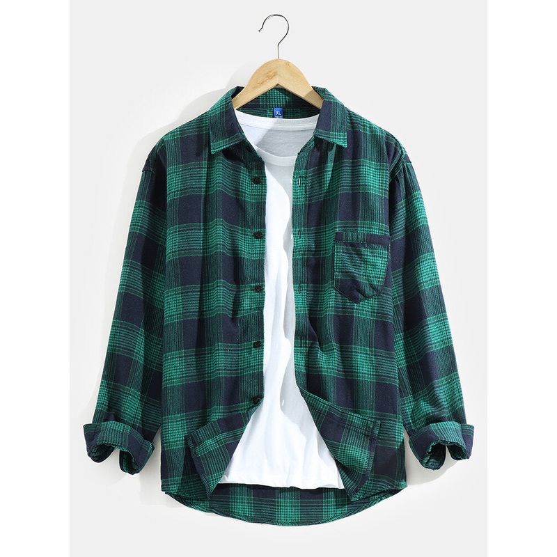 Mens Check Button Up Lapel Cotton Long Sleeve Shirts With Pocket