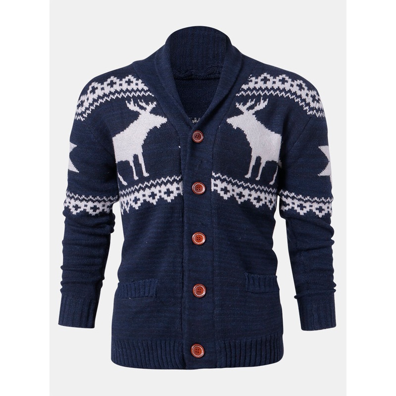 Mens Christmas Reindeer Button Thick Warm Casual Knitted Cardigan Sweater