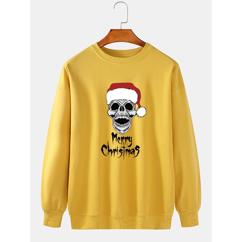 Mens Christmas Skeleton Print 100% Cotton Crew Neck Casual Daily Pullover Sweatshirt