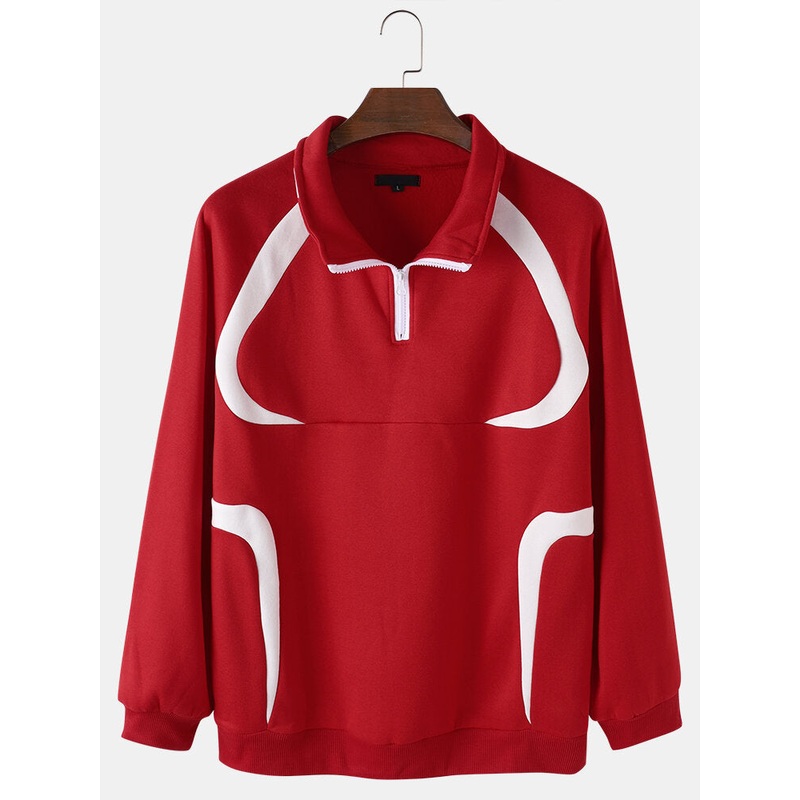 Mens Color Block Half Zipper Pullover Long Raglan Sleeve Sweatshirts