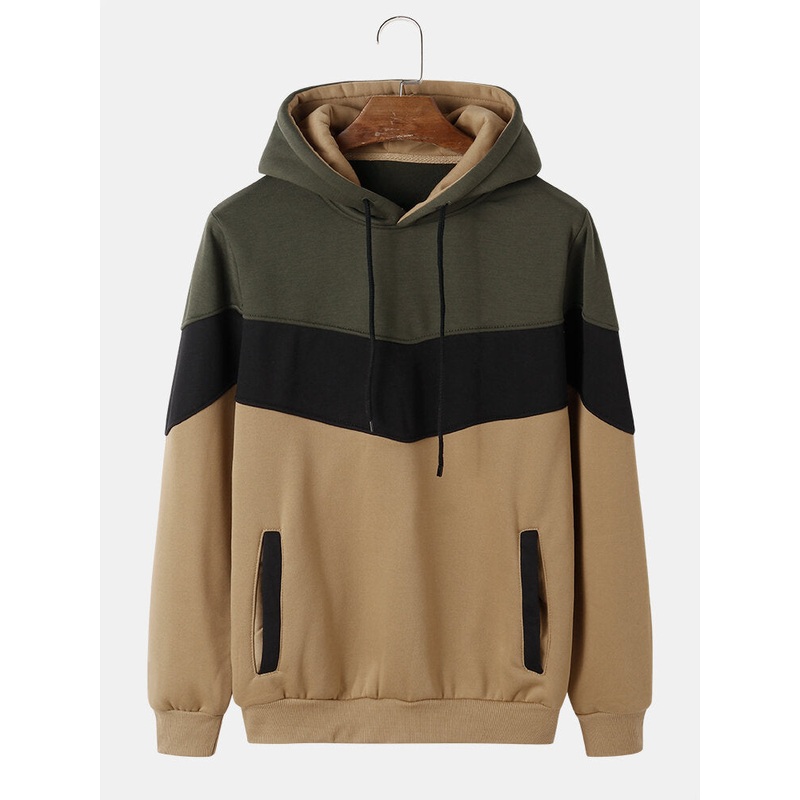 Mens Color Block Patchwork Flocking Casual Loose Drawstring Hoodies With Pocket