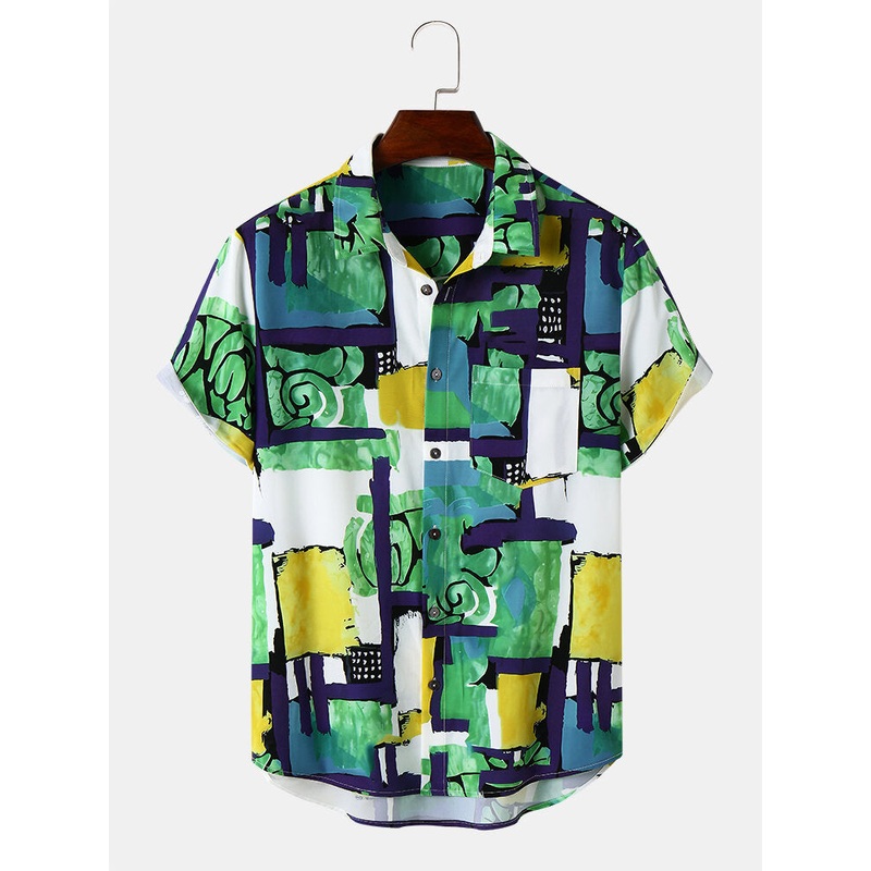 Mens Color Brushwork Chest Pocket Hawaii Style Shirts