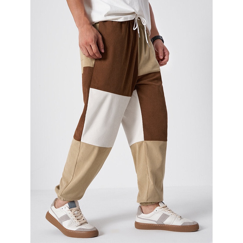 Mens Color Patchwork Corduroy Double Pocket Long Pants