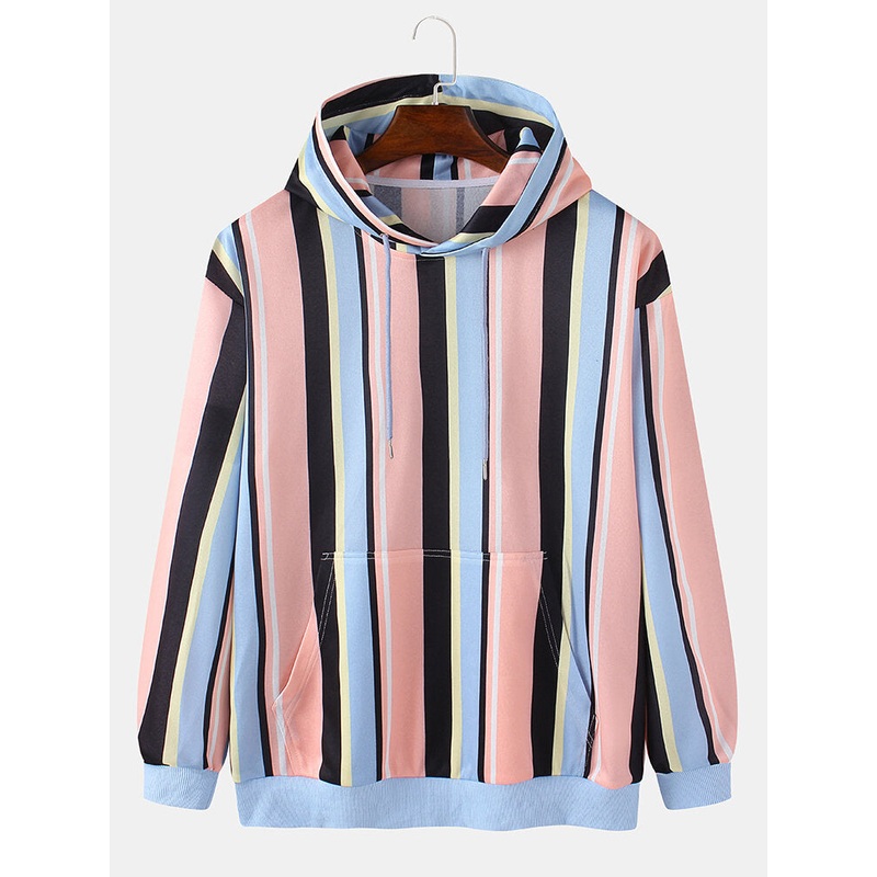 Mens Colorful Stripe Print Kangaroo Pocket Long Sleeve Drawstring Hoodies
