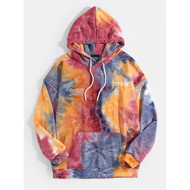 Mens Colorful Tie Dye Drop Shoulder Pocket Warn Hoodies
